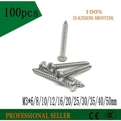 GB845 100pcs M3*6/8/10/12/16/20/25/30-50mm phillips 304 stainless steel pan head head Self Tapping Screws