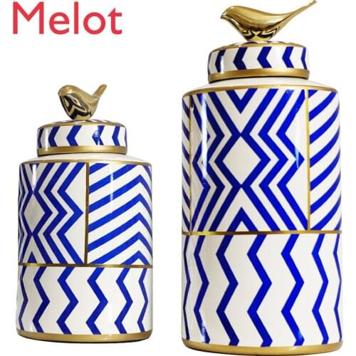 Ceramic Decorative Pot Storage Jar with Lid Decoration Ornaments American Light Luxury Living Room Jar Furnishings