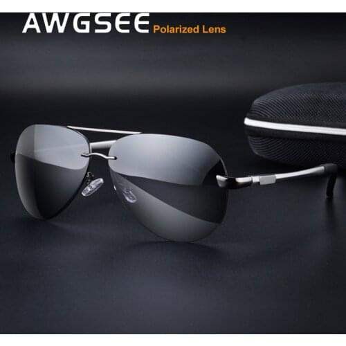 Brand Driving Sunglasses Men Rimless Pilot Polarized Driving Sun Glasses Metal Frame Shades UV Protection Gafas De Sol Hombre