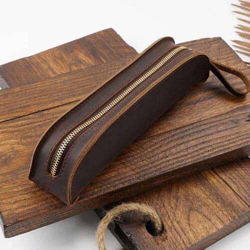 New Style Cowhide Pen Bag, Zipper Leather Pencil Case