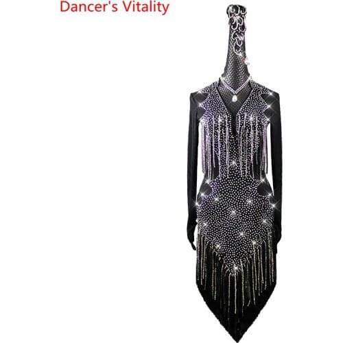 Latin Dance Dress Diamond-studded Long-sleeved Tassel Performance Clothing High-end Custom Female Adult Competition Clothes