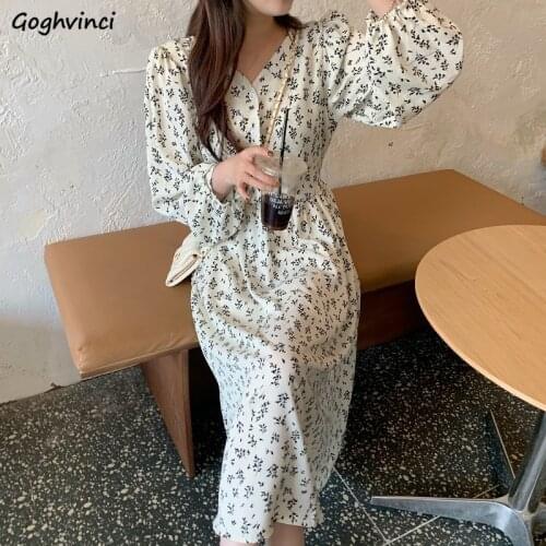 Dress Women Vintage A-Line 2021 New Temperament Lovely Girls Printed Puff Sleeve Kawaii Korean Style Retro Vestido Spring V-Neck