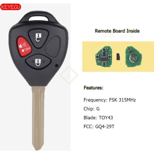 KEYECU Remote Key Fob 3 Button for Toyota Corolla 2013, Matrix Venza 2014 FCC: GQ4-29T - G Chip