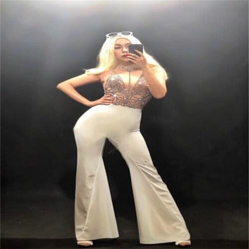 K38 Sexy female jumpsuit singer performance stage costumes ballroom dress prom Rhinestone pants dj models outfit party bodysuit