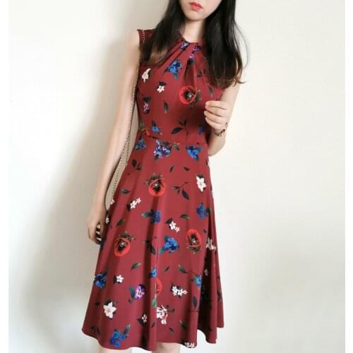 Dark Red Floral Print Elegant Sleeveless Dress UK Fashion New Arrivals
