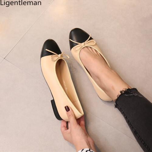 Shoes Woman Basic Pumps 2021 Two Color Splicing Classic Bow Ballet Work Shoe Large Size Tweed Low Heels Fashion Women Shoes Pump