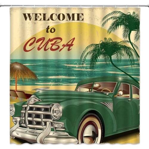 Vintage Car Shower Curtain Set Nostalgic Welcome to Cuba Classic Car Beach Ocean Palm Tree Retro Polyester Fabric Bathroom Decor