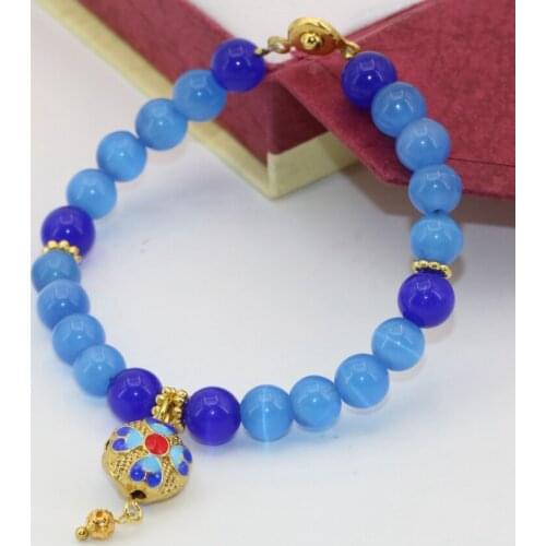 High quality 8mm blue cat eyes round beads beaded bracelets cloisonne hot sale unique diy jewelry 7.5inch B2730