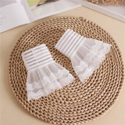 Women Girls Fake Flare Sleeves Lace Floral Pleated Fake Cuff for Sweater Blouse Ruffles Wrist Warmer Detachable Fake Sleeves