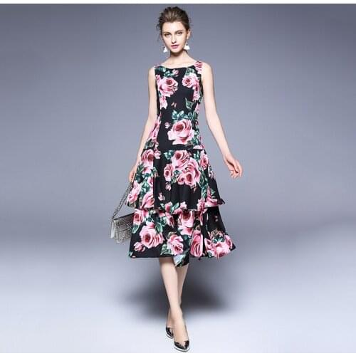 Customized New Arrival Camellia Rose Floral Printed Ruffles Cake Long Dress Womens Elegant Spring Summer Mid-Calf Dress