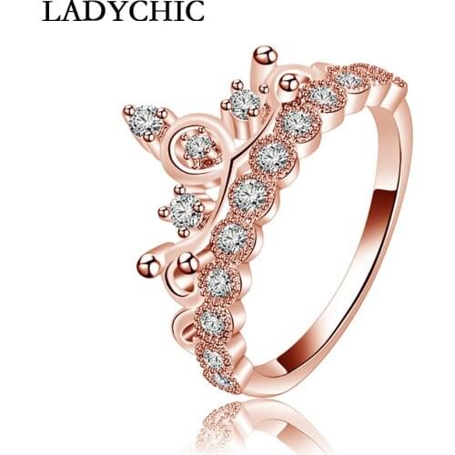 LADYCHIC Romantic Wedding Crown Rings for Women Cubic Zirconia Crystal Ring Female Engagement Party Jewelry Wholesale LR1023