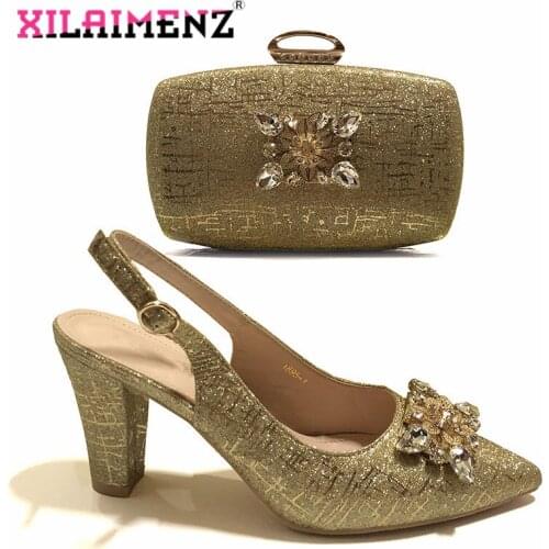 Mature Italian Women Royal Wedding Party Shoes and Bag to Match with Shinning Crystal in Gold Color Nigerian Style Set