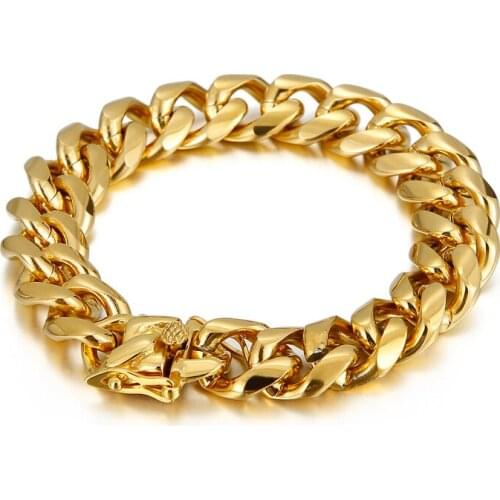 15mm 8.66'' Golden stainless steel curb Link Chain bracelet hip-hip mens boys bangle jewelry KB136586-Z