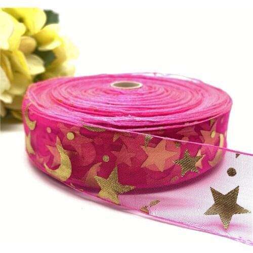 5Yardsl 25mm Transparent Gauze Ribbon Star Moon Printing Pattern Gift Packaging Christmas Ribbon DIY Handmade Accessories #14
