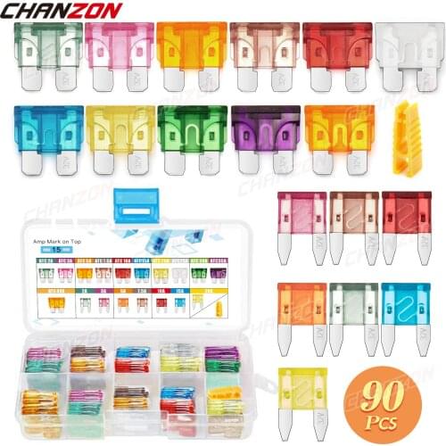 90pcs Car Fuse Set ATM ATC Auto Blade 2A 3A 5A 7.5A 10A 15A 20A 25A 30A 35A 40A Fast Blow Motorcycle Automotive Motor Assorted