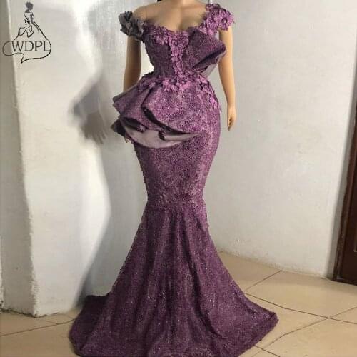 Aso Ebi 2020 New Mermaid Evening Dresses Off the Shoulder Lace Ruffled African Women Prom Gowns Grape Formal Party Dress vestido