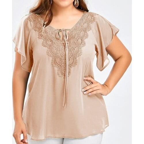 Plus Size Blouse Women Summer Patchwork Lace up Ladies Tops Loose Top Female Half Sleeve Shirt Blusas Femininas Pullover A20