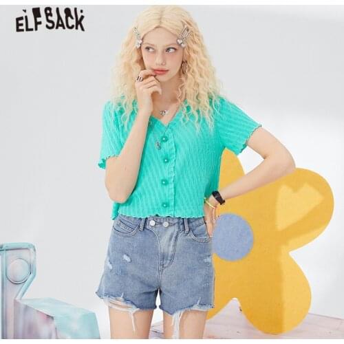 ELFSACK Solid Pure Chic Single Breasted Knit Casual Women Cardigan 2021 Summer ELF Vintage Short Sleeve Girly Sweety Basic Top