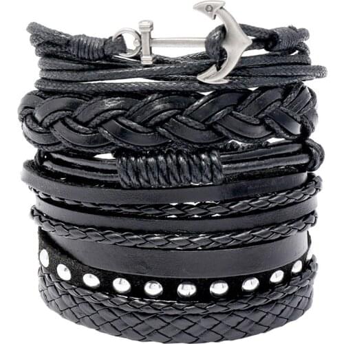 Hot Selling Retro Mens Bangle Cool Hand Accessories 6 piece Combination Cross Knitting Leather Adjustable Suit Bracelet