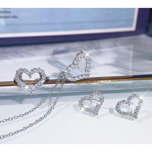 2021 Trend Cute 925 Sterling Silver Simple Love Hearts jewelry sets Bling Zircon Stone Necklace for Women Ring Fashion Jewelry