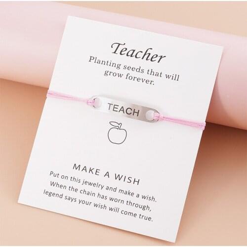 Creative Simple Stainless Steel Teach Charm Bracelet Blessing Card Woven Rope Chain Gift for Teacher From Students Teachers' Day
