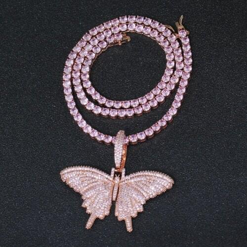 Iconic Butterfly Pendant 4mm Rose Gold Tennis Chain Cubic Charm Pink Tennis Chain Necklace Men Women Hip Hop Jewelry Gift