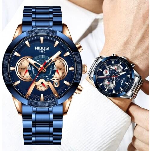 NIBOSI Blue Business Men Watches Top Luxury Brand Waterproof Chronograph Luminous Auto Date Quartz Wrist Watch Relogio Masculino