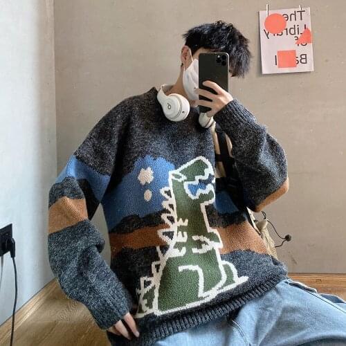 Round Neck Loose Dinosaur 2020 Autumn Korean Style Knitting Pull Mens Harajuku Casual Outwear Men Clothes