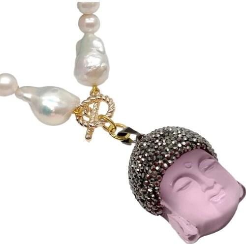 YYGEM Pink Quartz Buddha Pendant necklace White Keshi Pearl round Freshwater Pearl Necklace for women girl gift