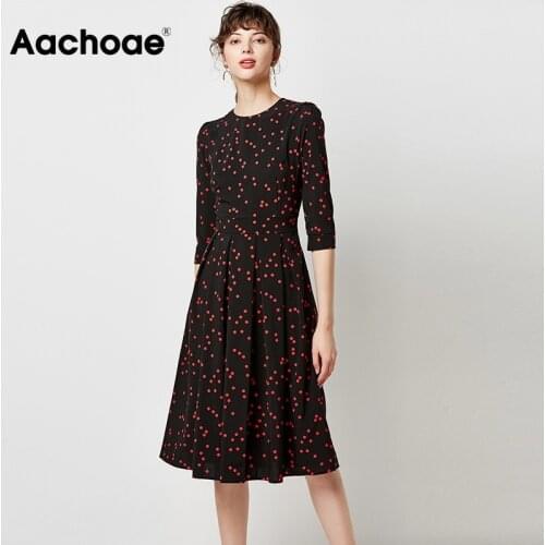 Aachoae Women A Line Elegant Dresses 2020 Dot Print Long Pleated Party Dress O-neck Three Quarter Sleeve Casual Midi Dress