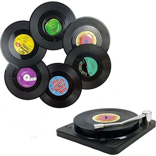 6pcs Retro Record Coasters With Holder Anti-slip Vinyl Disk Coasters Creative Mug Coaster Pad Heat-resistant Non Slip Pads Decor