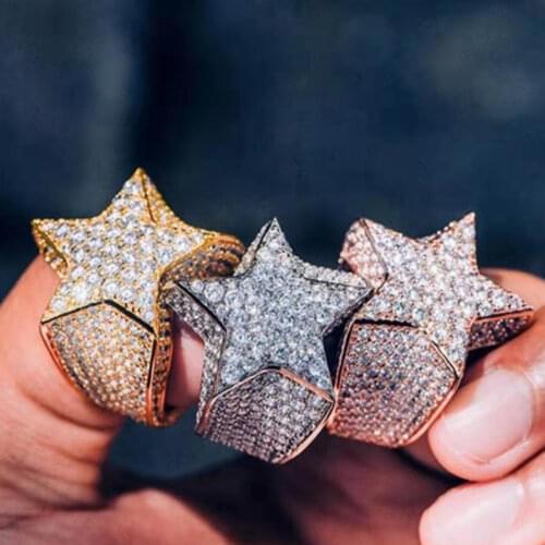 UILZ Luxury Male Female Rings Gold Bling Bling Hip Hop Punk Zircon Ring Pentagram Exaggerated Street Artist Rings for Women Men