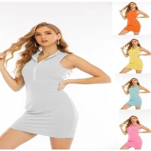 Sexy Summer Dress New Style Zipper Tight Dress Half Open Collar Casual Mother Dress Solid Color Cotton Slim Mini Skirt Vestidos