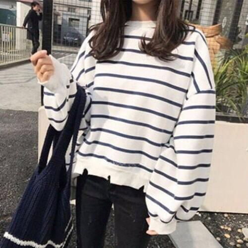 Stripped Hoodie For Women Funny Large Oversize Korean Style Female Sweatshirt Oneck Batwing Long Sleeve Hoodie Streetwear Girls
