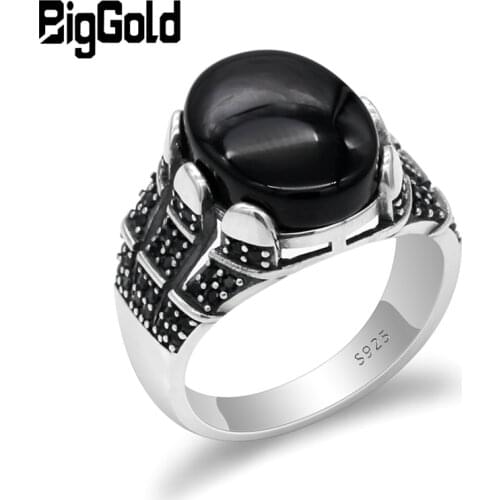 Turkish Black Ring 925 Sterling Silver Big Natural Onyx Stone Men Ring Vintage Thai Silver Style for Male Women Jewelry