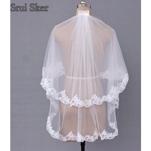 Stock White Ivory Short Bridal Veil with Comb Applique Edge Wedding Veil Accessory Voile De Mariee