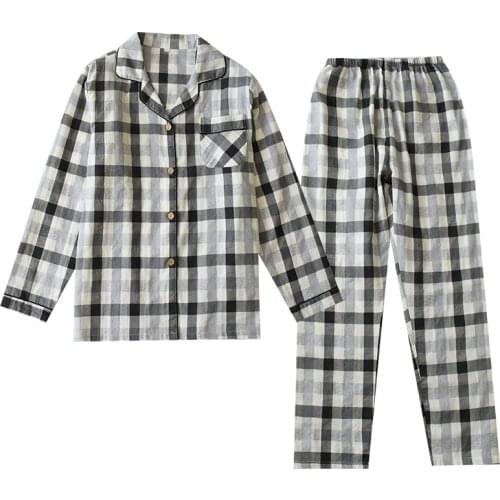 Spring Summer 100% Cotton Gauze Pajamas Men and Women Plaid Pijamas Long-sleeved Lovers Sleepwear 2 Piece Loungewear Home Suit