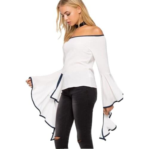 Womens Off shoulder Blouse 2017 Summer Ruffles Long Sleeve Trandy Blouse Loose Cotton Tops
