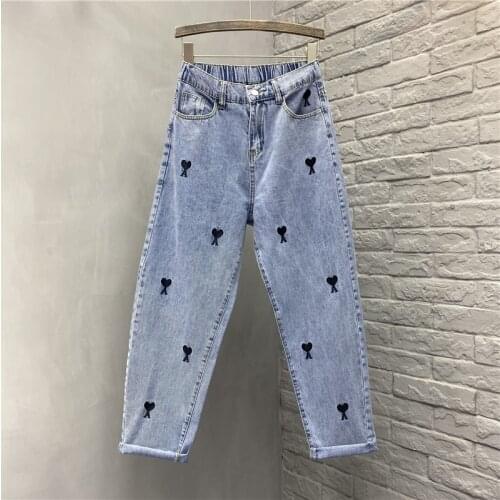 New 2021 spring summer women hearts embroidery loose casual jeans plus size high waist denim ankle length Harem pants S-3XL A408