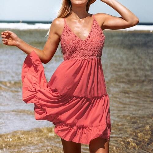 2021 New Style Ladies Summer Sexy V-neck Spaghetti Strap Short Dress Women Sleeveless Casual Loose Beach Dress