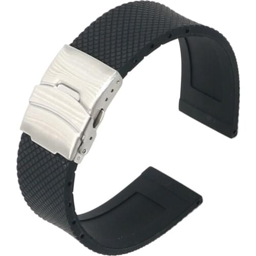 20 22 24mm Black Silicone Rubber Waterproof Watch Band Belt Double Push Silver Stainless Steel Clasp Buckle