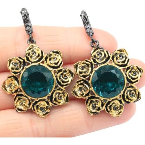 46x29mm Unique 21g Sunflowers Jewelry Set Created Aqumamarine Violet Tanzanite Street Jewelry Black Gold Silver Earrings Pendant