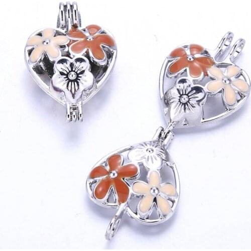 5pcs Gray Flower Heart Pearl Cage Locket Pendant Jewelry Making Bead Cage Aroma Essential Oil Diffuser Box Oyster Pearl
