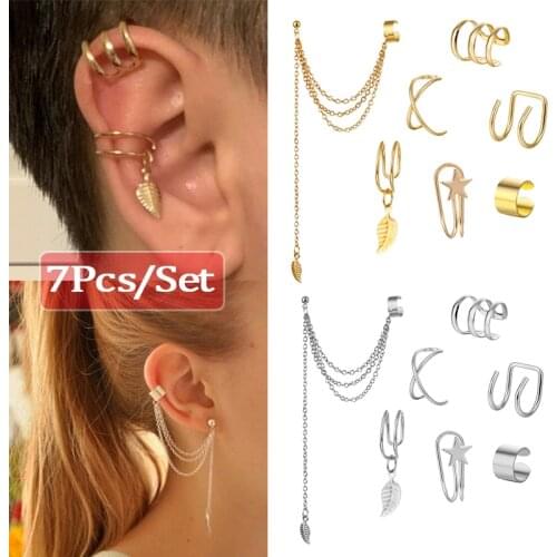 7Pcs/set Vintage Tassel Gold Color Ear Cuffs Leaf Clip Earrings for Women Climbers No Piercing Fake Cartilage Earring Jewelry