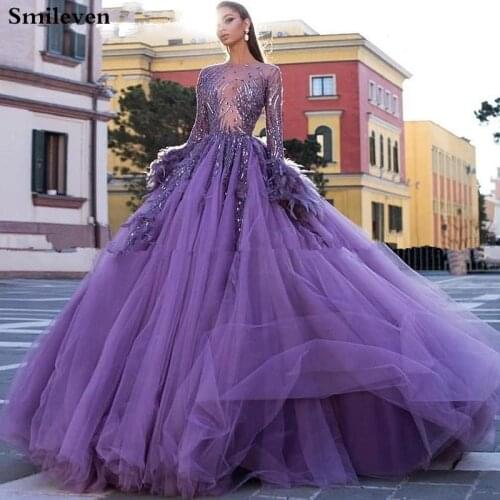 Smileven Arab Ball Gowns Prom Dresses Long Sleeve With Beads Crystal Evening Dress Feather Prom Party Dresses robe de soiree