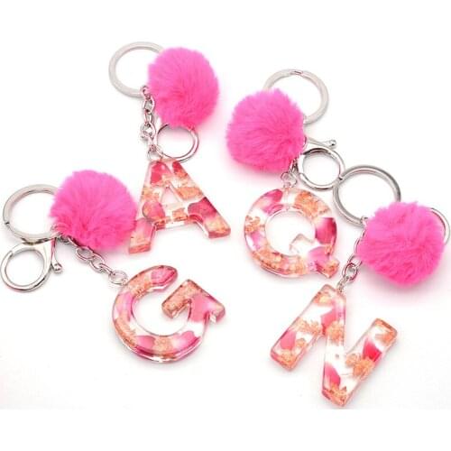 Cute Resin Keychains For Woman English Letter Pompom Alphabet Keyring Car Key Ring Chains Charm Bag Luxury Couple Jewelry