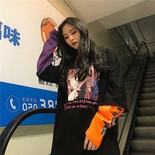 Cool Cartoon T-Shirt Men 2021 Brand Hip hop Splicing Tee Top Casual Fake Two Pieces Long Sleeve Streetwear Men Amine T Shirt