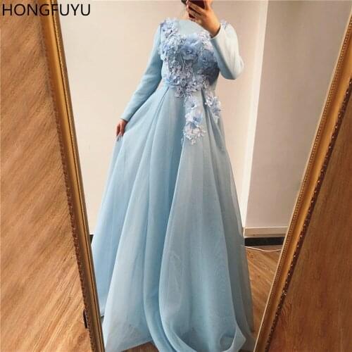 HONGFUYU Muslim Long Sleeves Evening Dresses with Flowers A-Line Formal Dress 2021 Custom Made Special Occasion Prom Party Gowns