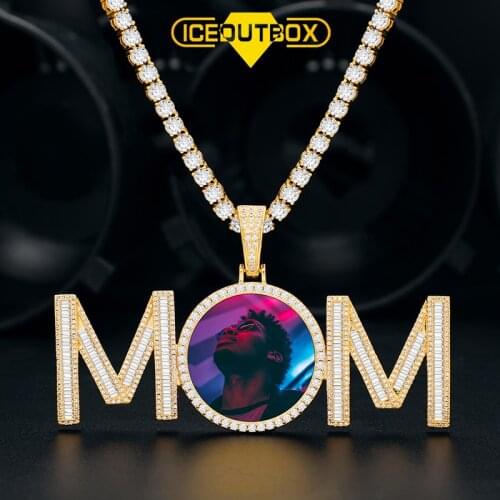 ICEOUTBOX Letter MOM Design Custom Photo Memory Medallions Solid Pendant Hip Hop Jewelry Personalized Cubic Zirconia Chains Gift