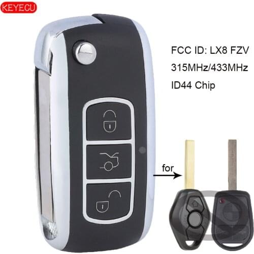 KEYECU Free Programming Upgraded Remote Car Key Fob 3 Button 315/433MHz ID44 for BMW EWS 1995-2005 FCC ID: LX8 FZV HU92 Balde